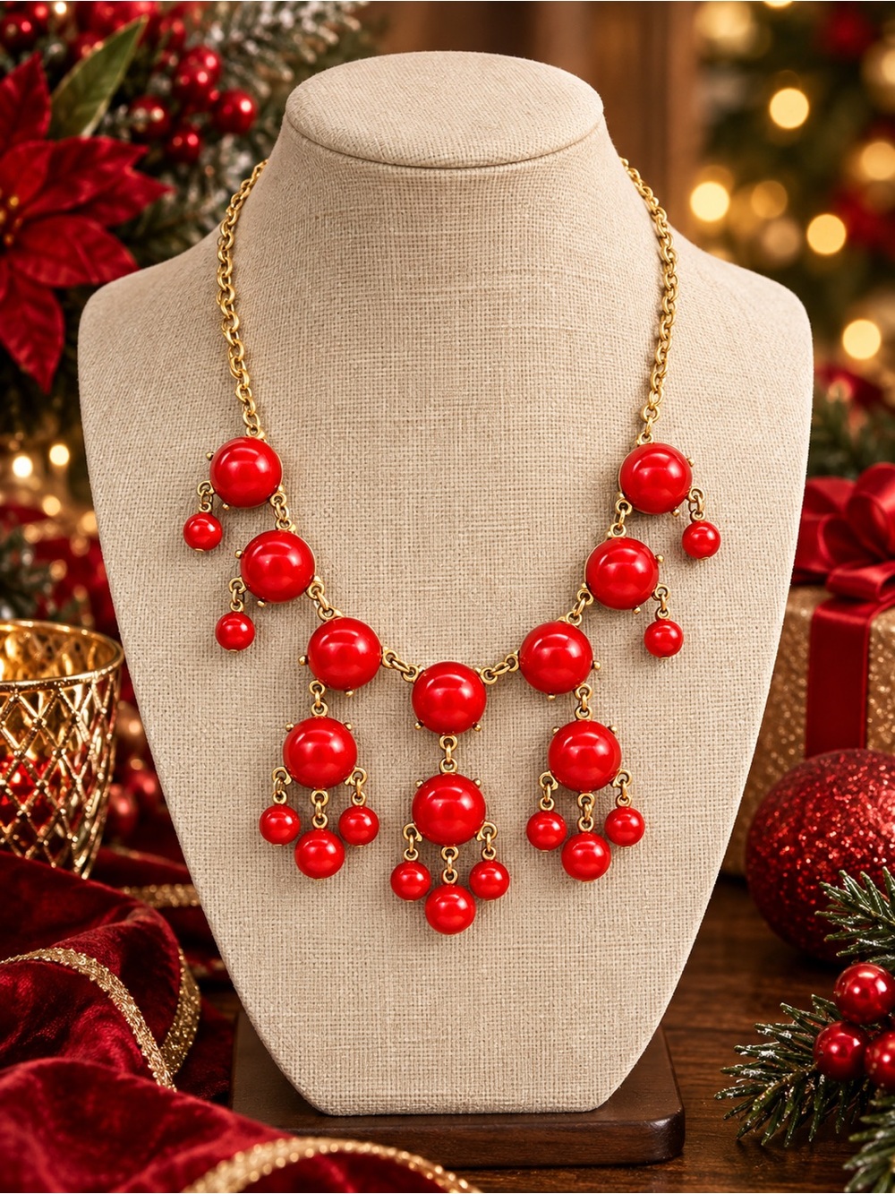 Red and Gold Tone Bubble Statement Necklace Chandelier Festive Jewelry